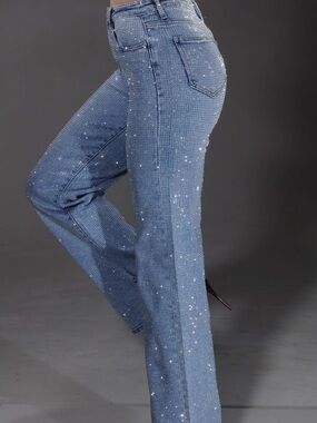 Light Blue Full Stone Embellished 5 Pocket Jeans by Nina Rossi Size Small BNWOT